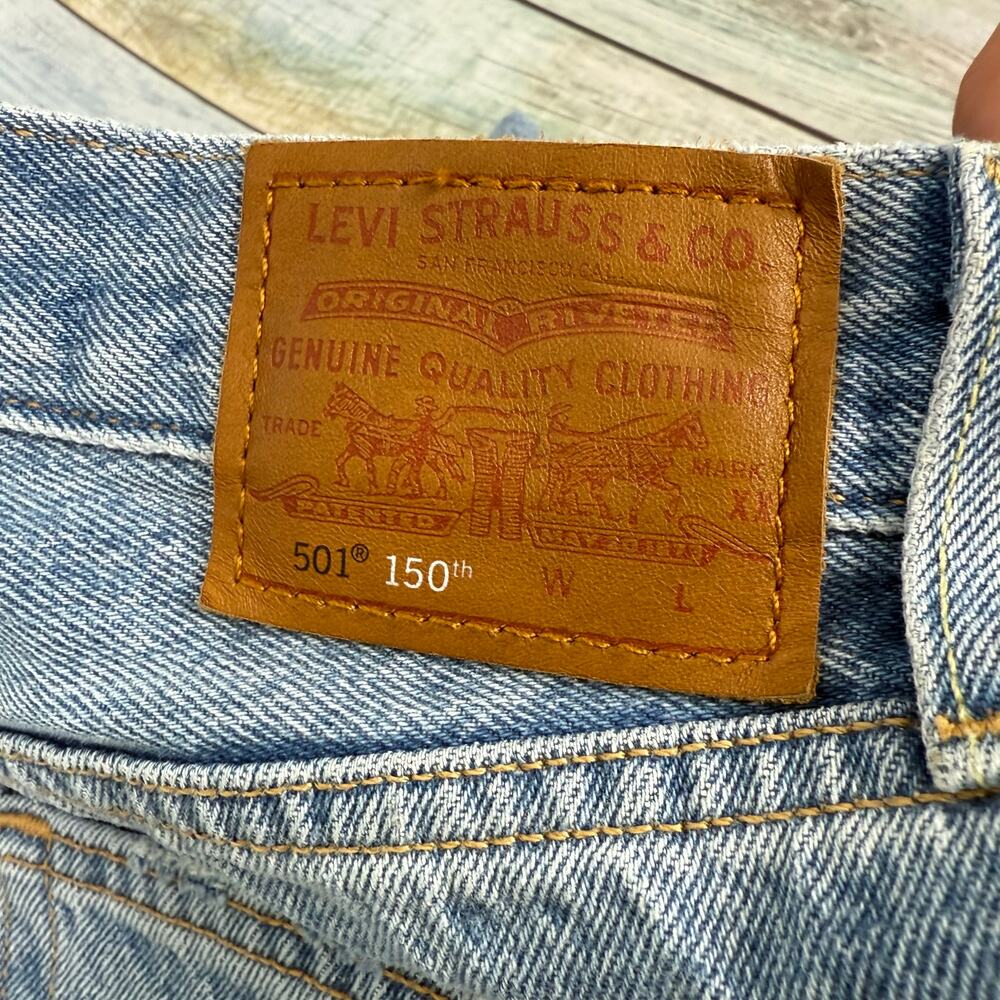Levis 501 Big E Vintage Jean Shorts 150th Anniv Size 30 Quilt Upcycle Button Fly - Picture 4 of 9